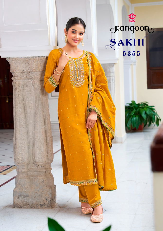 Sakhi Rangoon Embroidery Viscose Jacquard Kurti With Bottom Dupatta Wholesale Market In Surat